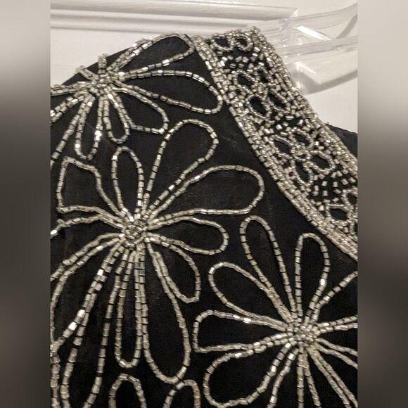 Papell Boutique Evening 100% Silk Black Fully Beaded Short Sleeve shirt Blouse L - Picture 14 of 14